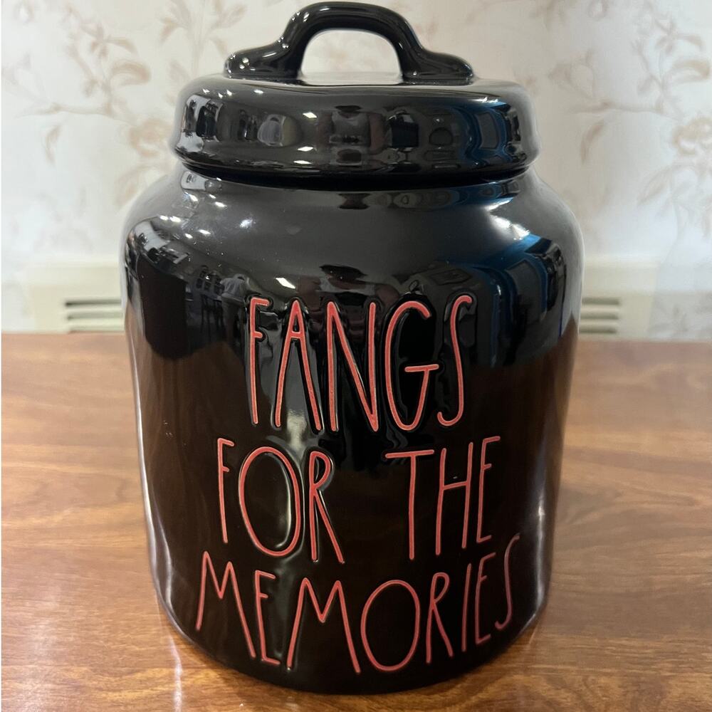 Rae Dunn Fangs For The Memories Black Halloween Ceramic Canister Jar With Lid